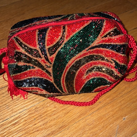 Vintage beaded tassel shoulder bag red blue multi - Picture 4 of 7